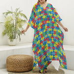 Autism Awareness Jigsaw Print Silk V-Neck Kaftan Dress