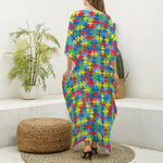 Autism Awareness Jigsaw Print Silk V-Neck Kaftan Dress