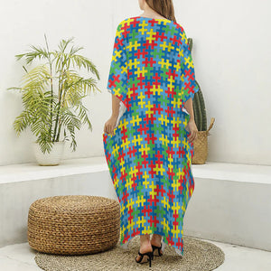 Autism Awareness Jigsaw Print Silk V-Neck Kaftan Dress