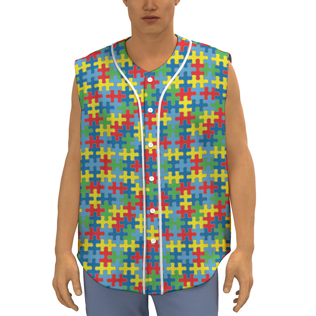 Autism Awareness Jigsaw Print Sleeveless Baseball Jersey