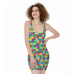 Autism Awareness Jigsaw Print Sleeveless Bodycon Dress