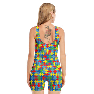 Autism Awareness Jigsaw Print Sleeveless One Piece Swimsuit