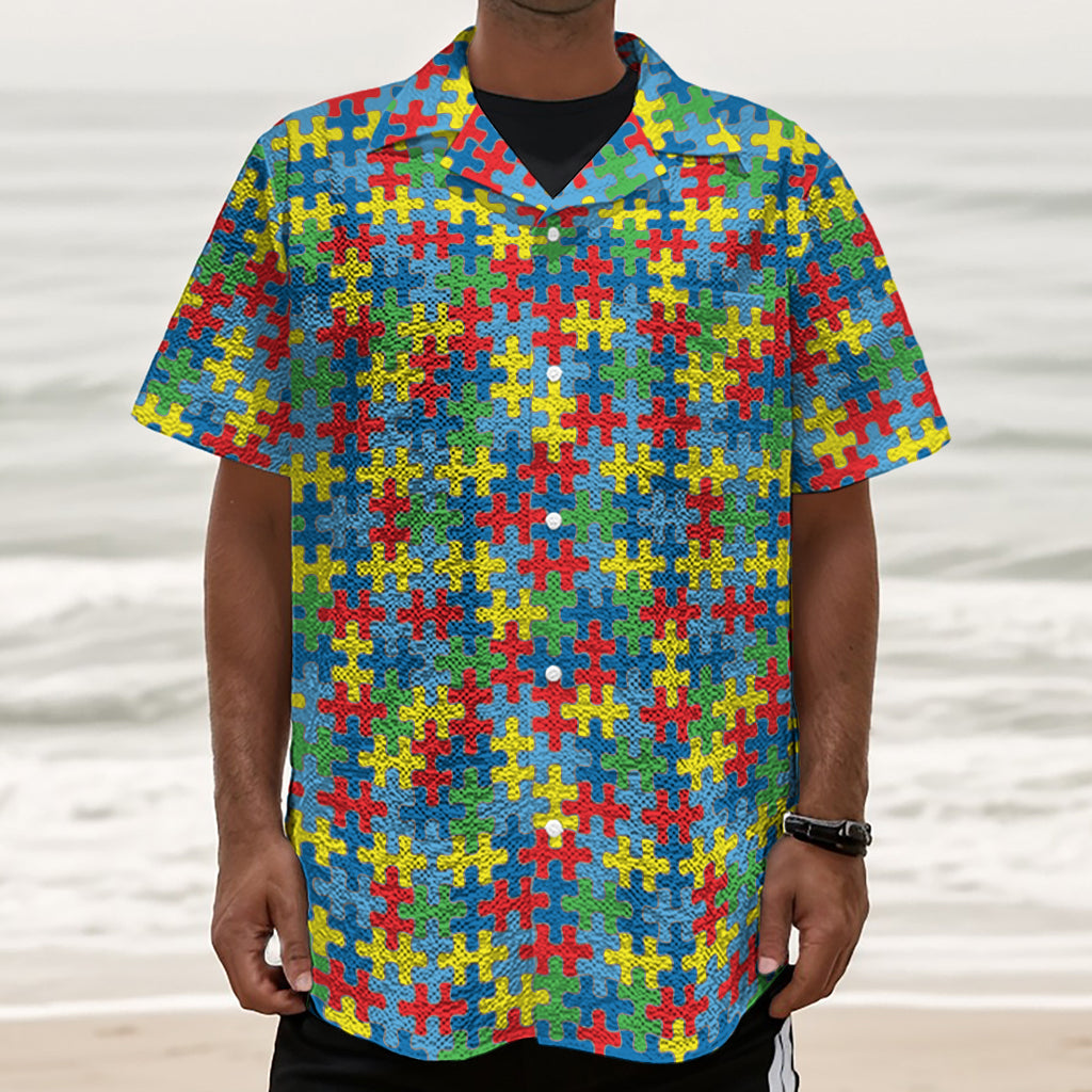 Autism Awareness Jigsaw Print Textured Short Sleeve Shirt