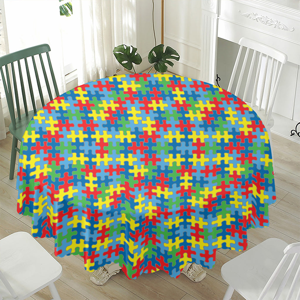 Autism Awareness Jigsaw Print Waterproof Round Tablecloth