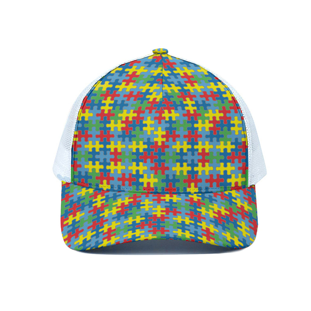 Autism Awareness Jigsaw Print White Mesh Trucker Cap