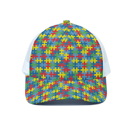 Autism Awareness Jigsaw Print White Mesh Trucker Cap