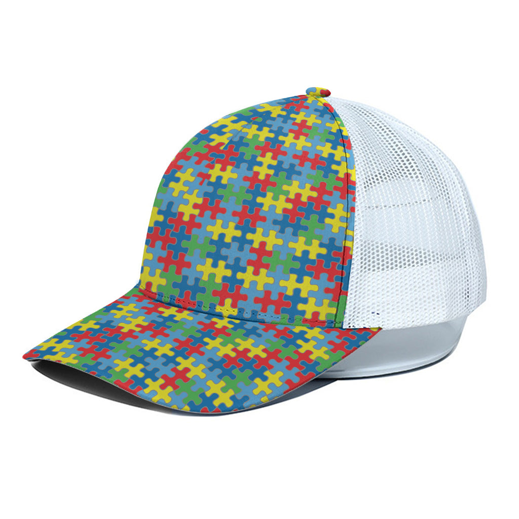 Autism Awareness Jigsaw Print White Mesh Trucker Cap