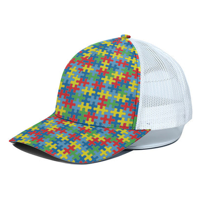 Autism Awareness Jigsaw Print White Mesh Trucker Cap