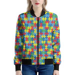 Autism Awareness Jigsaw Print Women's Bomber Jacket