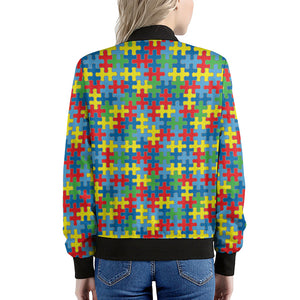 Autism Awareness Jigsaw Print Women's Bomber Jacket