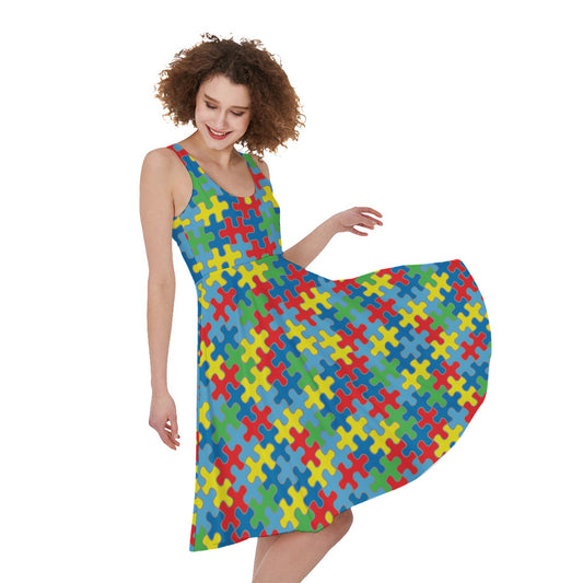 Autism Awareness Jigsaw Print Women's Sleeveless Dress