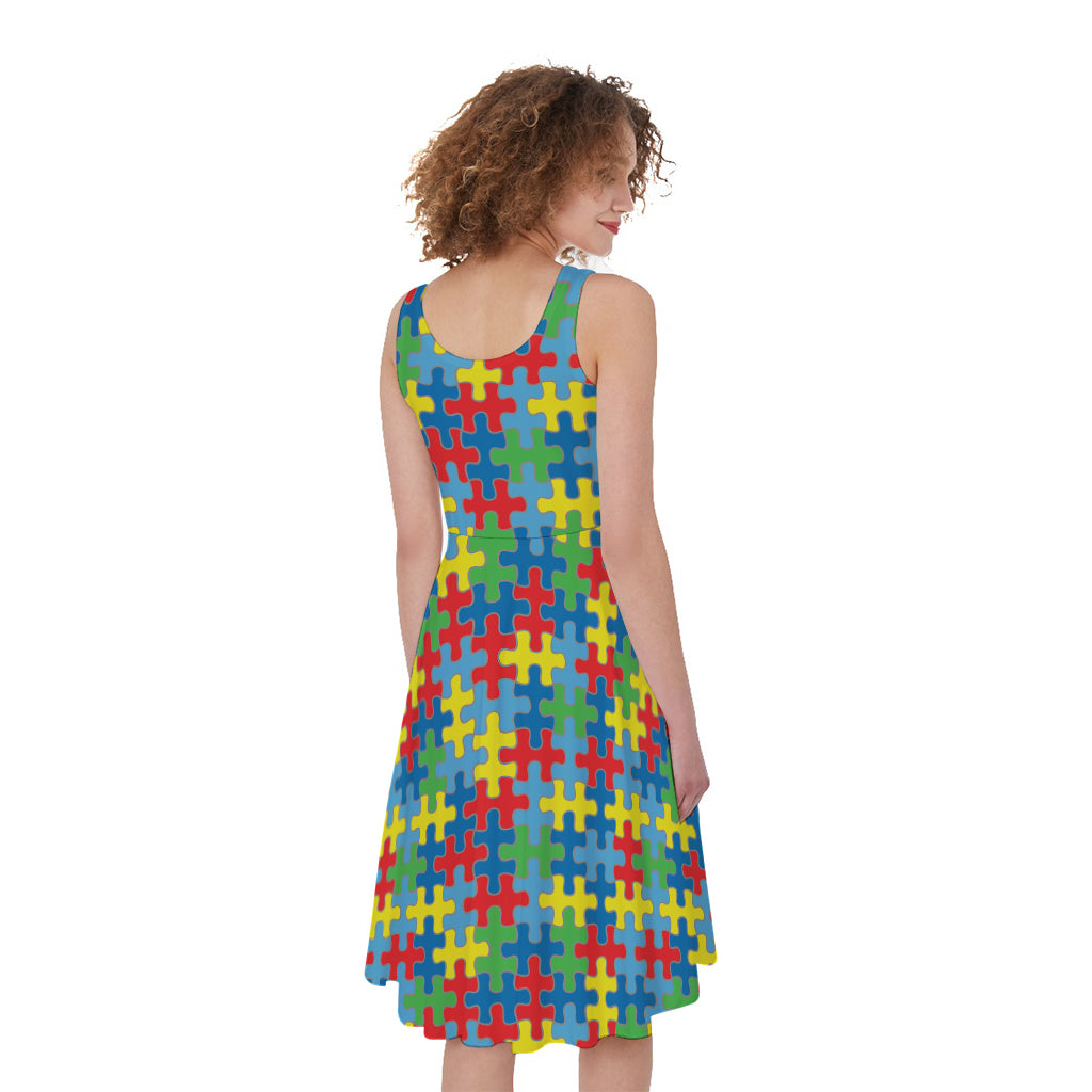 Autism Awareness Jigsaw Print Women's Sleeveless Dress
