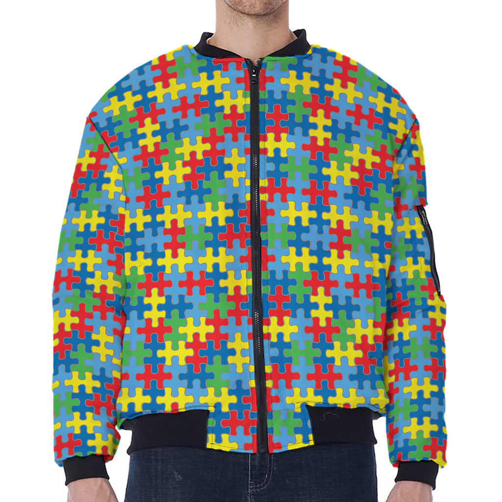 Autism Awareness Jigsaw Print Zip Sleeve Bomber Jacket