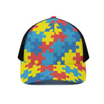 Autism Awareness Pattern Print Black Mesh Trucker Cap