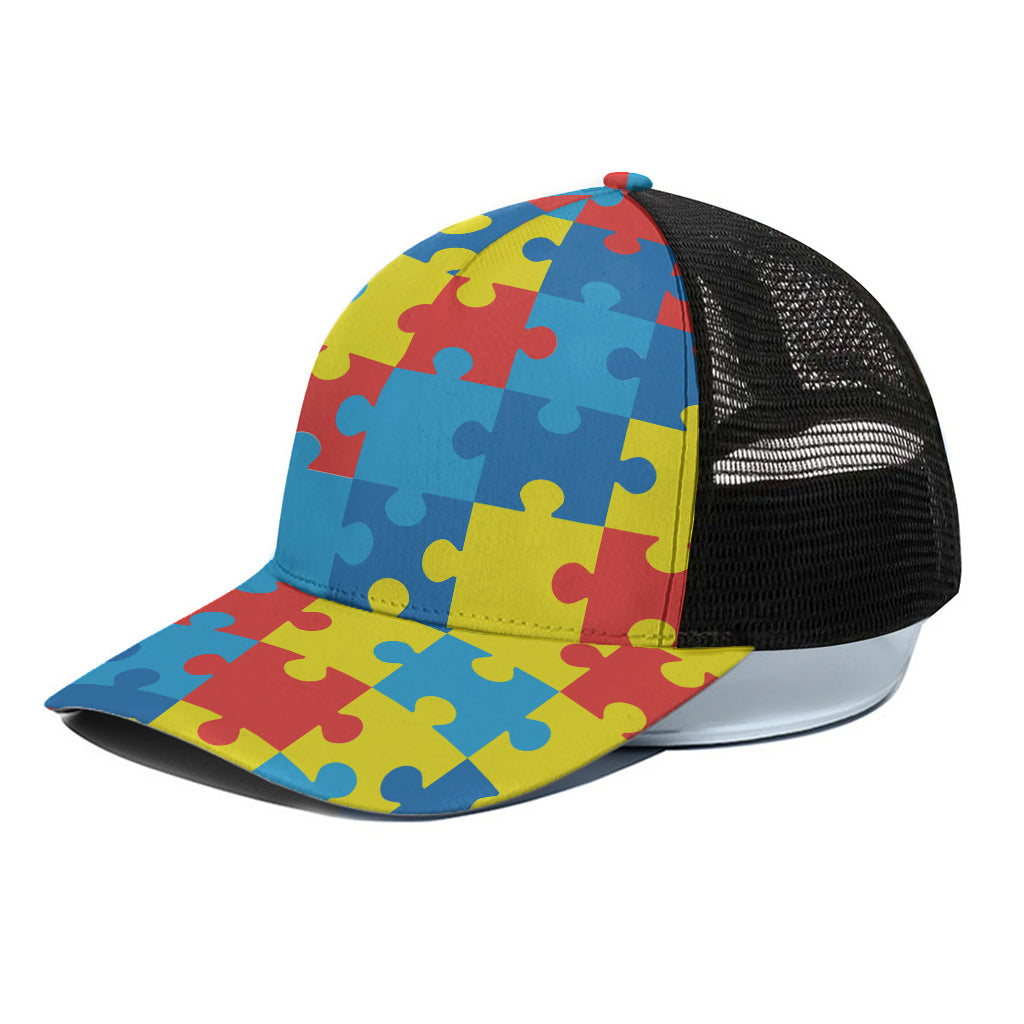 Autism Awareness Pattern Print Black Mesh Trucker Cap