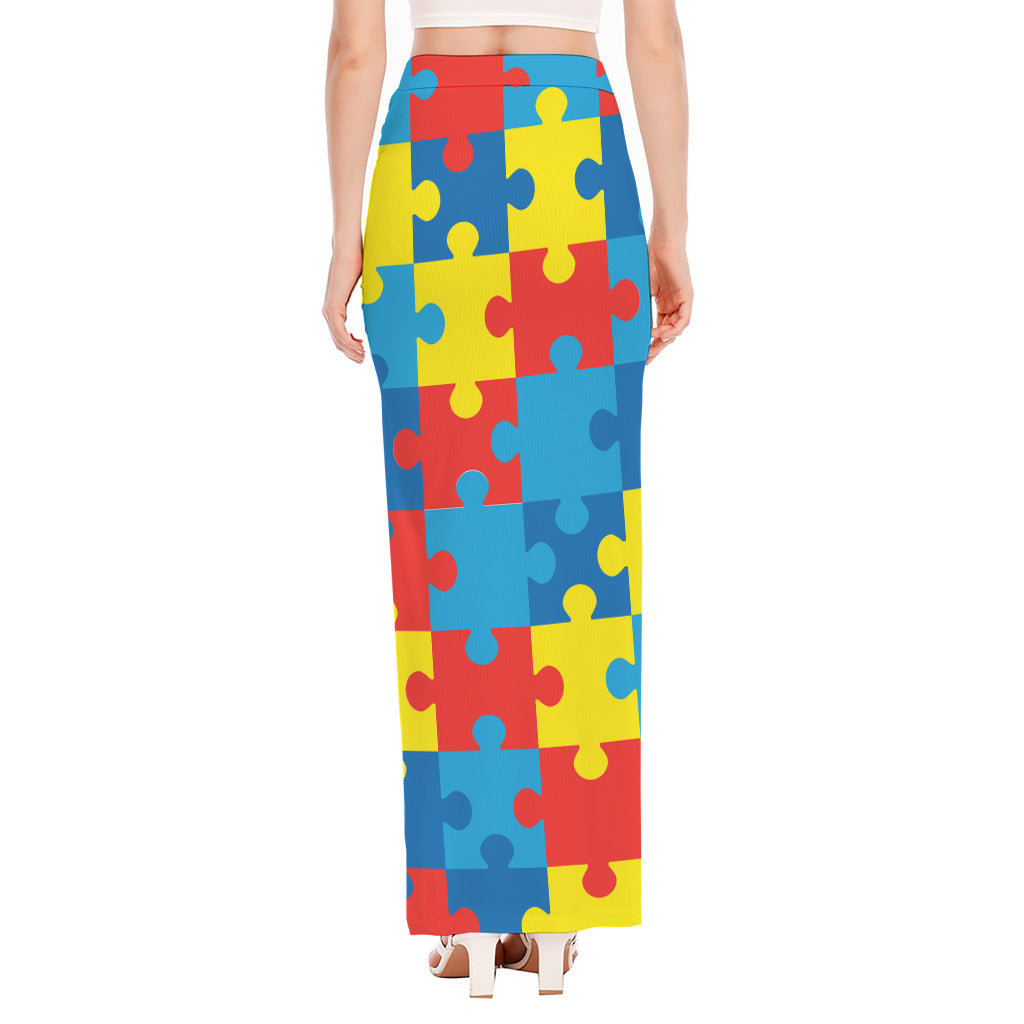 Autism Awareness Pattern Print High Slit Maxi Skirt