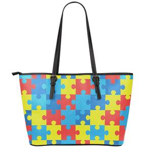 Autism Awareness Pattern Print Leather Tote Bag