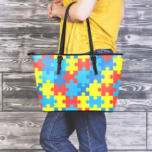 Autism Awareness Pattern Print Leather Tote Bag