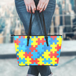 Autism Awareness Pattern Print Leather Tote Bag