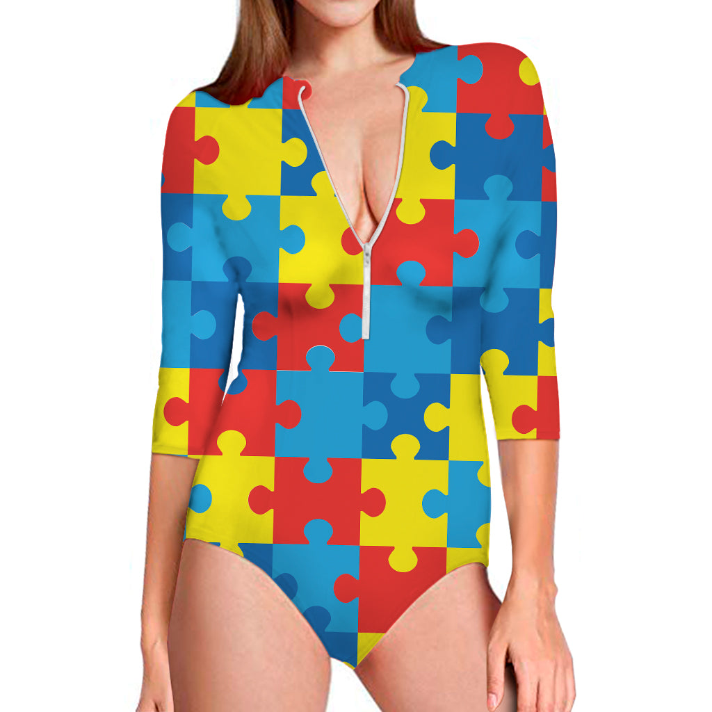 Autism Awareness Pattern Print Long Sleeve Swimsuit