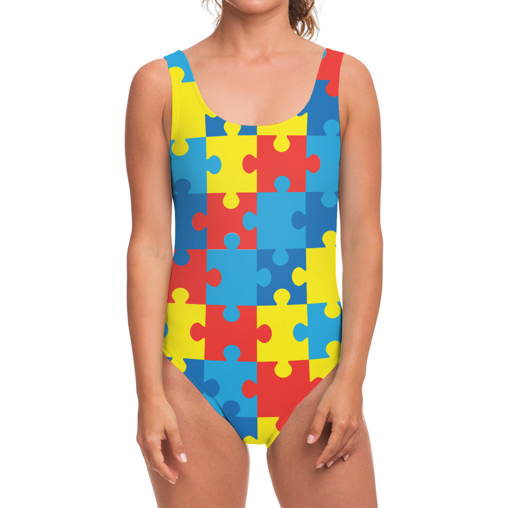 Autism Awareness Pattern Print One Piece Swimsuit