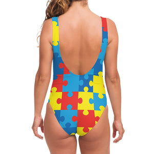 Autism Awareness Pattern Print One Piece Swimsuit