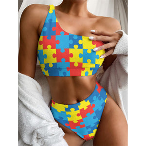 Autism Awareness Pattern Print One Shoulder Bikini Top