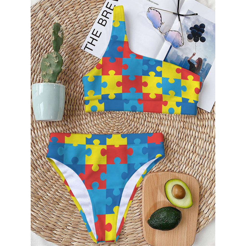 Autism Awareness Pattern Print One Shoulder Bikini Top