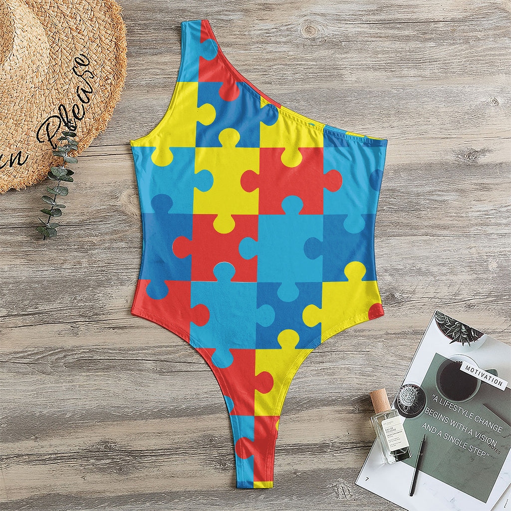 Autism Awareness Pattern Print One Shoulder Bodysuit