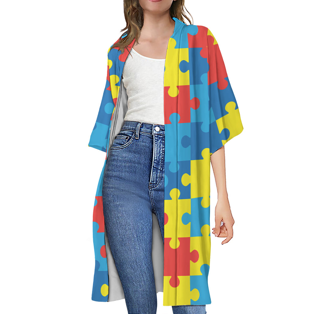 Autism Awareness Pattern Print Open Front Beach Cover Up