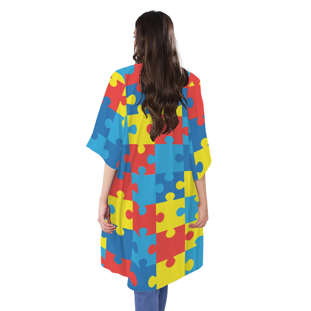 Autism Awareness Pattern Print Open Front Beach Cover Up