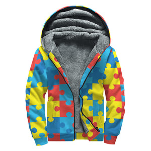 Autism Awareness Pattern Print Sherpa Lined Zip Up Hoodie