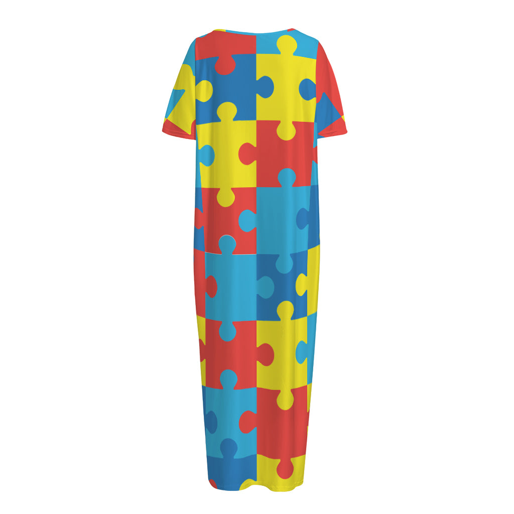 Autism Awareness Pattern Print Short Sleeve Long Nightdress