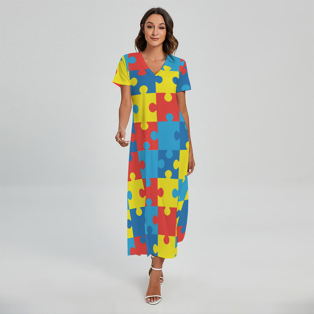 Autism Awareness Pattern Print Short Sleeve Maxi Dress