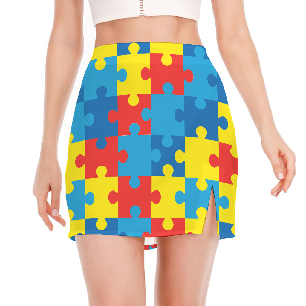 Autism Awareness Pattern Print Side Slit Mini Skirt