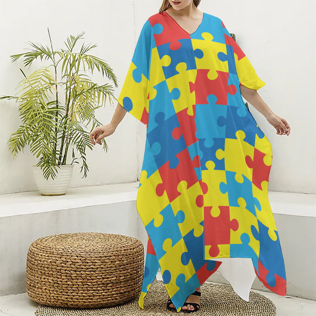 Autism Awareness Pattern Print Silk V-Neck Kaftan Dress