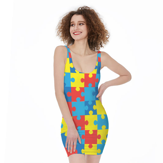 Autism Awareness Pattern Print Sleeveless Bodycon Dress