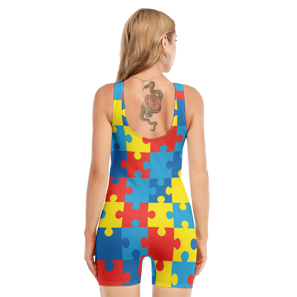 Autism Awareness Pattern Print Sleeveless One Piece Swimsuit