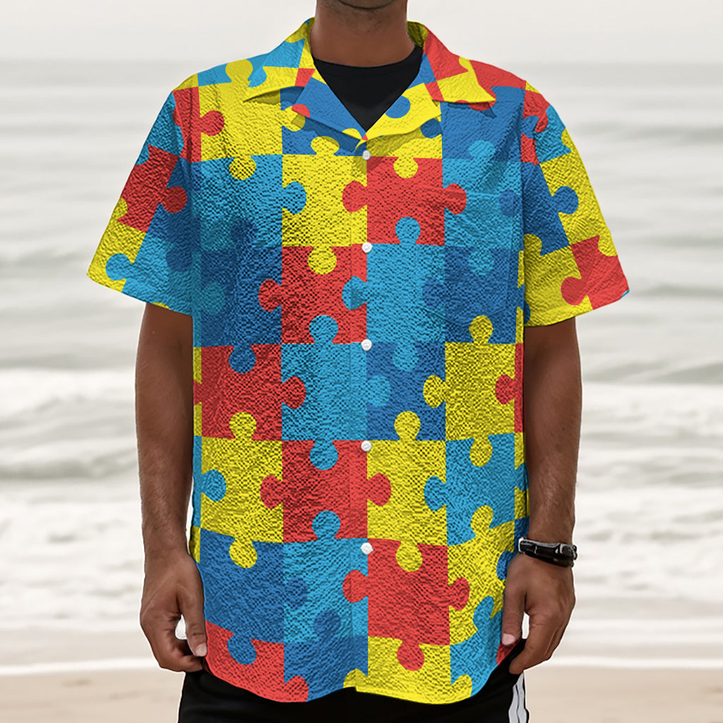 Autism Awareness Pattern Print Textured Short Sleeve Shirt