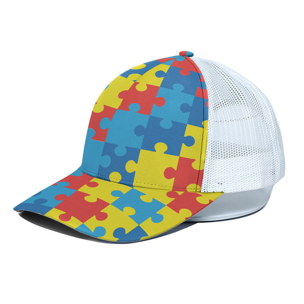 Autism Awareness Pattern Print White Mesh Trucker Cap
