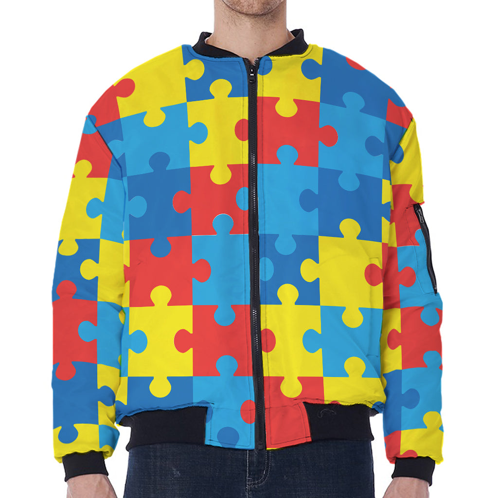 Autism Awareness Pattern Print Zip Sleeve Bomber Jacket