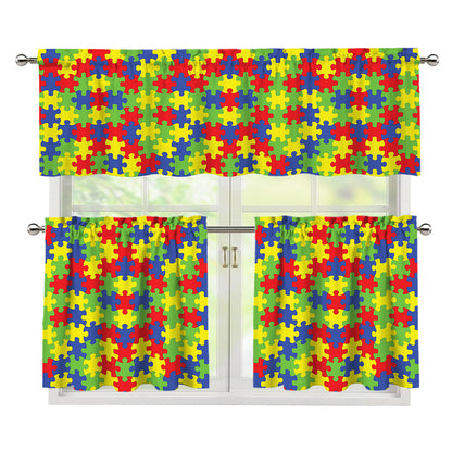 Autism Awareness Puzzle Pattern Print 3 Piece Kitchen Curtains