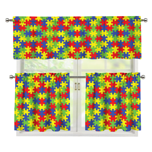 Autism Awareness Puzzle Pattern Print 3 Piece Kitchen Curtains