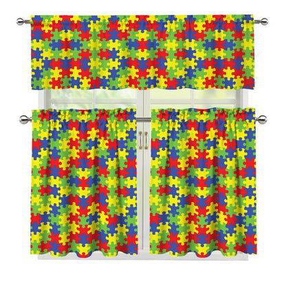 Autism Awareness Puzzle Pattern Print 3 Piece Kitchen Curtains
