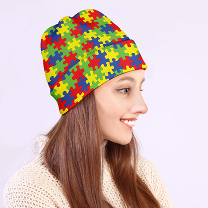Autism Awareness Puzzle Pattern Print Beanie