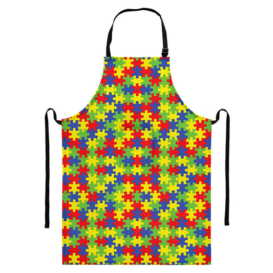 Autism Awareness Puzzle Pattern Print Bib Apron With Pocket