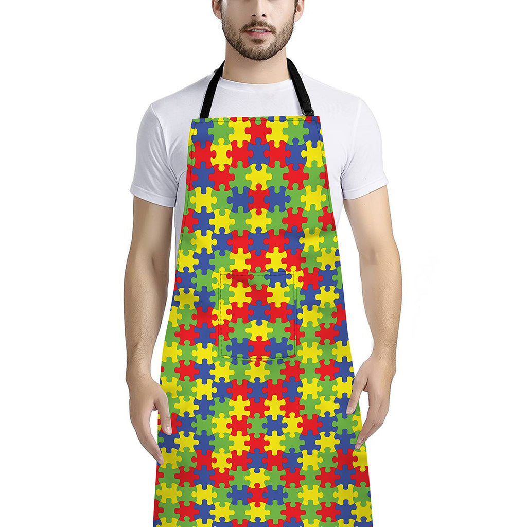 Autism Awareness Puzzle Pattern Print Bib Apron With Pocket