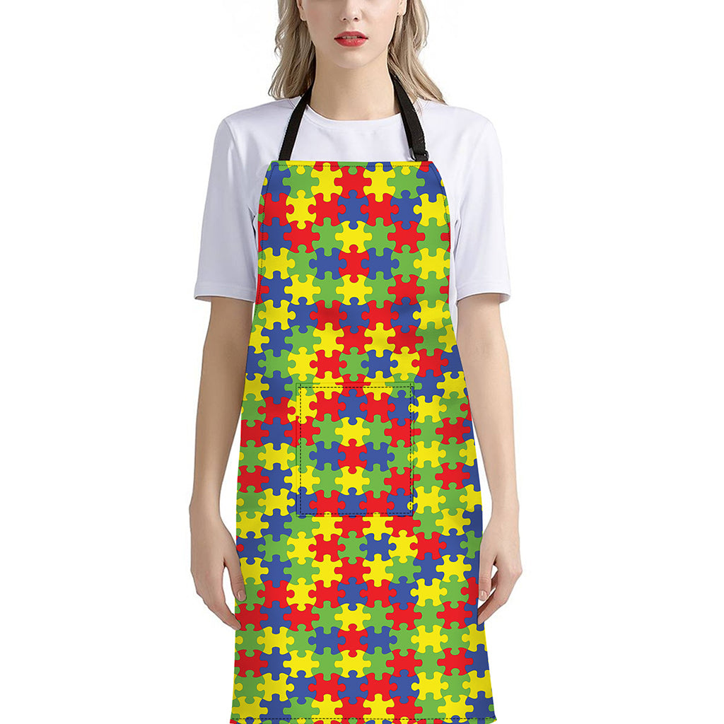 Autism Awareness Puzzle Pattern Print Bib Apron With Pocket