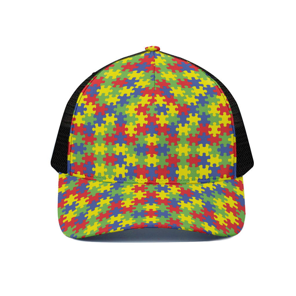 Autism Awareness Puzzle Pattern Print Black Mesh Trucker Cap