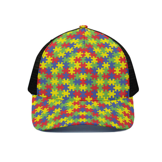 Autism Awareness Puzzle Pattern Print Black Mesh Trucker Cap
